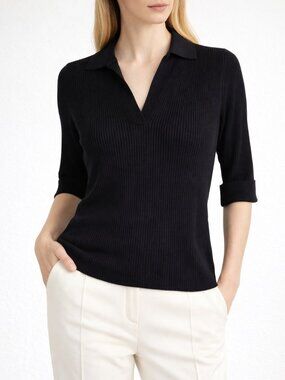 Ann Mashburn Ribbed Cotton Silk Johnny Collar Sweater Black Short Sleeve M